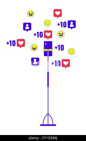 Smartphone on tripod with likes followers 2D linear cartoon object Stock Vector