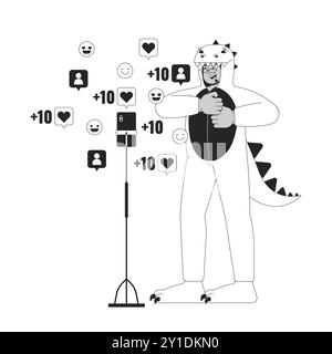 Kigurumi dinosaur man in front of phone camera black and white 2D line cartoon character Stock Vector