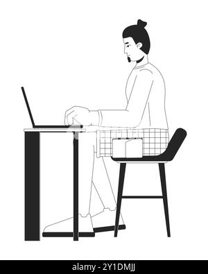 European man working on laptop black and white 2D line cartoon character Stock Vector