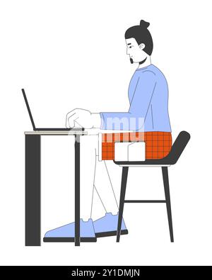 European man working on laptop 2D linear cartoon character Stock Vector