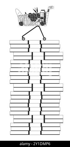 Shopping cart with food in money packs stack black and white 2D line cartoon object Stock Vector