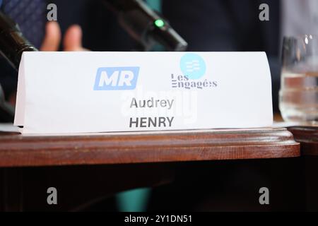 Brussels, Belgium. 06th Sep, 2024. MR Audrey Henry tag pictured a press conference of French-speaking liberal party MR, Friday 06 September 2024 in Brussels, regarding the party's list for the coming communal elections. BELGA PHOTO BENOIT DOPPAGNE Credit: Belga News Agency/Alamy Live News Stock Photo