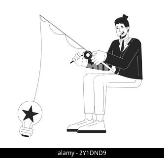 Happy caucasian businessman fishing for ideas 2D linear cartoon character Stock Vector