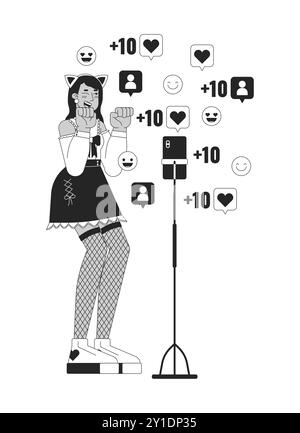 Kawaii female cosplayer in front of phone camera black and white 2D line cartoon character Stock Vector