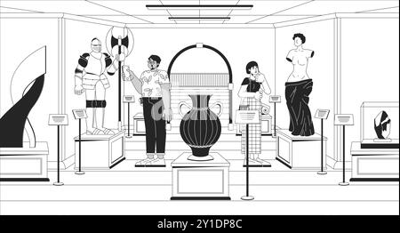 Historic museum people black and white line illustration Stock Vector