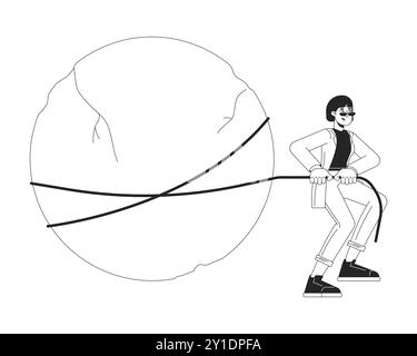 Decisive asian businesswoman pulling huge rock 2D linear cartoon character Stock Vector