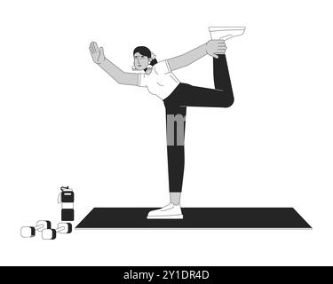 Flexible indian woman doing yoga black and white 2D line cartoon character Stock Vector