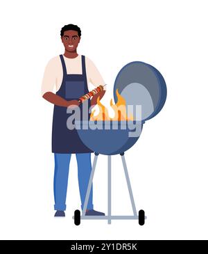 African American man cooking barbecue grill. Barbecue scene. Smiling man holds kebabs. Fry meat on fire. Vector illustration Stock Vector