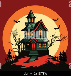 Creepy Haunted House with Full Moon Silhouette, Halloween Haunted House Silhouette with Dead Trees, Gothic Haunted Mansion Silhouette for Horror Theme. Stock Vector