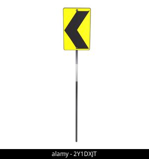 A bright yellow warning sign indicates a sharp turn to the left on a roadway. Stock Photo