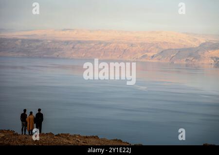 he Dea Sea near the Palestinian town of Jericho with its surrounding natural scene. The area is a natural habitat for the black starling bird. The Dead Sea is a salt lake located in the Jordan Rift Valley with the Jordan River being its main tributary. Jericho, which is situated in an oasis in the Jordan Valley and has a hot desert climate, is located 258 metres below sea level and is the lowest city in the world Stock Photo