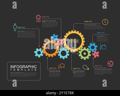 Multipurpose infographic report template made from cogwheels icons and descriptions. Infochart template for engine or wheel mechanism with color wheel Stock Vector