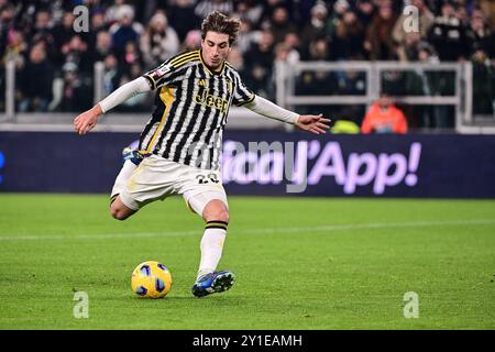 Torino, Italia. 04th Jan, 2024. Foto Marco Alpozzi/LaPresse 4 Gennaio 2024 - Torino, Italia - sport, calcio - Juventus vs Salernitana - Coppa Italia Frecciarossa 2023/2024 - Ottavi di finale - Juventus Stadium. Nella foto: Fabio Miretti (Juventus FC); makes an attempt to score January 04, 2024 Turin, Italy - sport, calcio - Juventus vs Salernitana - Frecciarossa Italian Cup 2023/2024 - round of 16 - Juventus Stadium. In the pic: Fabio Miretti (Juventus FC); makes an attempt to score Credit: LaPresse/Alamy Live News Stock Photo