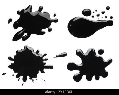 Blots of black printer ink on white background, set. Top view Stock Photo