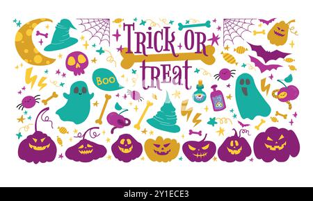 Halloween cute set with ghost, potion, branches, moon, leaves, pumpkins, stars, eyes and candies, sweets. Holidays collection with magic elements and Stock Vector