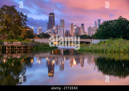 Chicago, Illinois, USA. Cityscape image of Chicago skyline at beautiful summer sunrise. Stock Photo