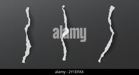 Pieces of torn, ripped vertical white paper with soft shadow are on black squared background for text or ad. Stock Vector