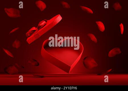 Heart shaped gift box with rose petals flying on red background. Valentine present for premium product placement. Holiday sale giftbox. Stock Photo