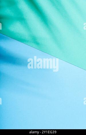 Pastel color background with tropical palm shadow. Blue and green paper and exotic plant shade layout. Minimal flat lay with leaf silhouette overlay. Stock Photo
