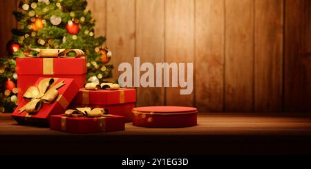 Red christmas gift with golden ribbon and empty podium on vintage wooden table. Cozy magic xmas and new year holiday scene. Present box and decorated Stock Photo