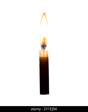 A single burning candle flame or light glowing on a small white candle is isolated on white background with clipping path. Stock Photo