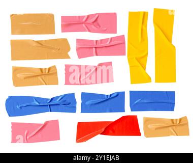 Top view set of multicolor adhesive vinyl tape or cloth tape in stripes is isolated on white background with clipping path. Stock Photo