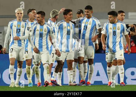 Argentina's forward Paulo Dybala (C) celebrates with teammates after scoring the team’s third goal against Chile during the South American qualification football match between Argentina and Chile for the FIFA World Cup 2026 at the Monumental stadium in Buenos Aires on September 5, 2024.  Argentina won by 3-0. Credit: Alejandro Pagni/Alamy Live News Stock Photo