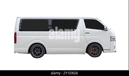 Side view of white van car is isolated on white background with clipping path. Stock Photo