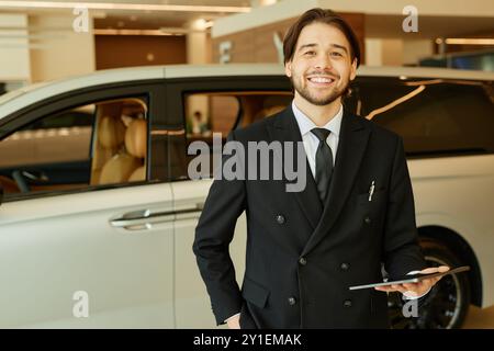 Portrait of smiling adult Central Asian male auto dealer in formal black suit holding tablet and looking at camera posing at car dealership center, copy space Stock Photo
