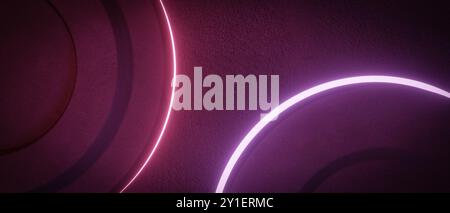 A vibrant and abstract image featuring neon lights in circular shapes against a dark purple background. Stock Photo