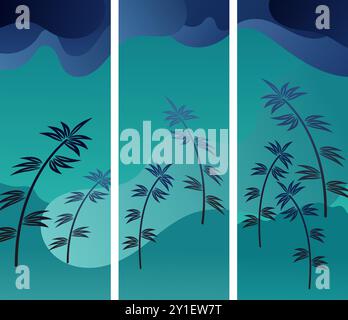 This abstract nature inspired artwork features three vertical panels showcasing stylized bamboo stalks swaying in the wind against a backdrop of rolli Stock Vector