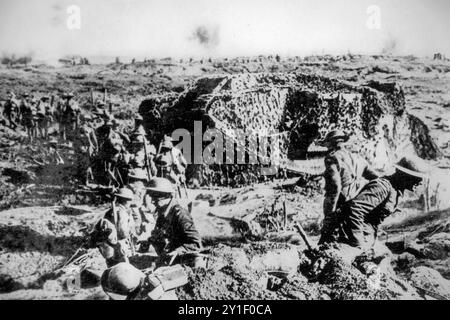 WWI British infantry soldiers and camouflaged tanks during the World War One Battle of Polygon Wood near Ypres / Ieper, West Flanders, Belgium in 1917 Stock Photo