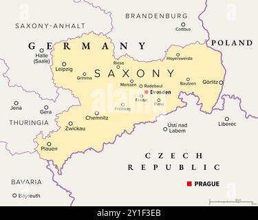 Saxony, a state in Germany, political map with capital Dresden, borders, and largest cities. Officially the Free State of Saxony. Stock Photo