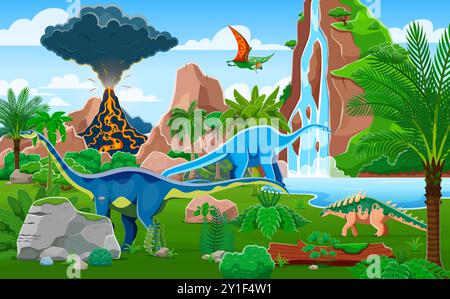 Cartoon prehistoric dinosaurs park landscape. Vector ancient time scene featuring colorful dino species, flying and roaming among trees and lush vegetation with a volcanic eruption on the background Stock Vector