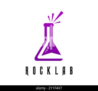 Rock music icon of guitar and laboratory vial test for sound recording studio, vector emblem. Rock Lab icon with electric bass guitar and laboratory glass for music production company or records label Stock Vector