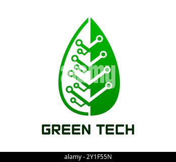 Green tech icon, smart digital farm and eco green energy technology. Vector symbol of a leaf with circuit representing eco-friendly smart and innovative agriculture services, sustainable clean energy Stock Vector