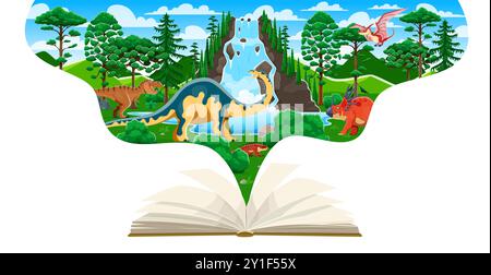Opened school textbook with prehistoric dinosaurs characters in jungle Jurassic era landscape with waterfall, lush greenery and trees. Ancient world of dino reptiles storybook or educational book Stock Vector
