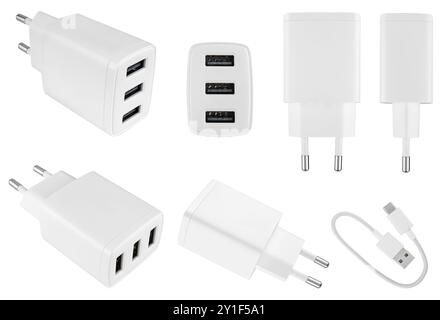 Power adapter for phone or tablet, on white background in insulation. Stock Photo
