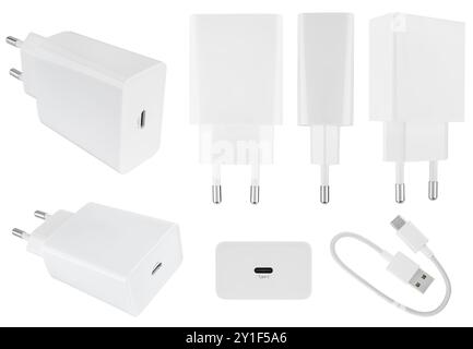 Power adapter for phone or tablet, on white background in insulation. Stock Photo
