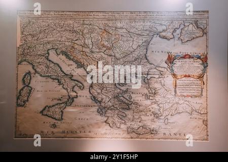 09 July 2024, Deniz Museum, Istanbul, Turkey: An antique map displayed in a museum, showcasing retro cartography from the Ottoman era, highlighting Eu Stock Photo