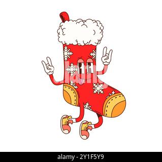 Cartoon groovy Christmas sock character making rock hand gestures. Isolated vector fun red stocking features snowflake decorations and wears sneakers, adding retro festive vibes to the holiday season Stock Vector