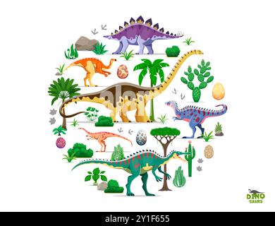 Cartoon prehistoric dinosaur characters. Vector dinosaur species in their natural habitat, flora and rocks, palm trees, ferns and cacti. Ancient landscape plants and dino eggs in circular shape Stock Vector