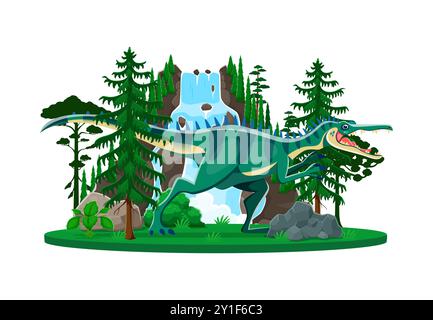 Baryonyx prehistoric dinosaur character in a lush forest setting with a cascading waterfall and rocks. Cartoon vector ancient carnivore reptile animal of Early cretaceous era in its natural habitat Stock Vector