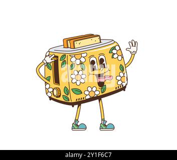 Retro cartoon groovy breakfast toaster character with a smiling face, fried toast slices popping out and floral pattern, waving hand and teasing. Isolated vector toaster kitchen appliance personage Stock Vector