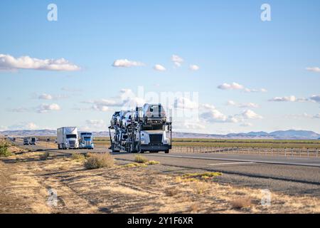 White car hauler big rig semi truck transporting cars on two level semi trailer running on the straight highway road in front of another loaded semi t Stock Photo