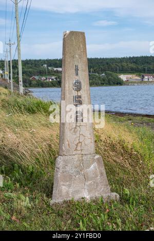 Sign showing 1952 year when Hefferton Causeway was built on NL 231 in Milton, Newfoundland & Labrador, Canada Stock Photo