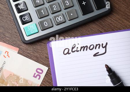 Notebook with word Alimony, euro banknotes, felt pen and calculator on wooden table, top view Stock Photo