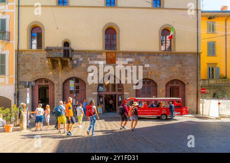 The entrance on the upper city to the Funicolare di Bergamo Alta tram in Bergamo, Italy. Stock Photo