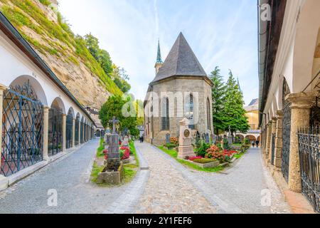 The ancient catacombs and medieval chapels of Saint Peter's Petersfriedhof Cemetery and Catacombs, in the old town of Salzburg, Austria. Stock Photo