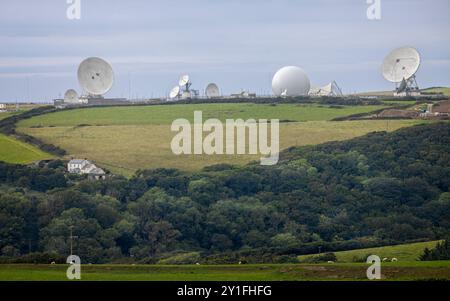 Array of satellite dishes on the hilltop at GCHQ Bude, Cornwall, UK on 2 September 2024 Stock Photo